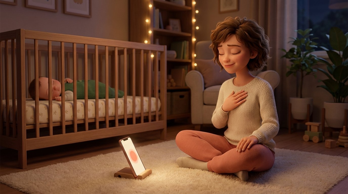 Calm mom using a breathing exercise tool on her phone in a softly lit nursery while her baby sleeps safely in a crib